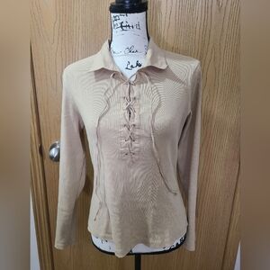 New York & Company Lace Up Y2k Long Sleeved Ribbed Top